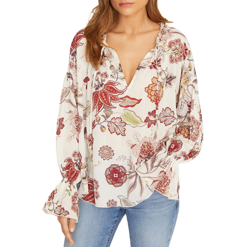 Sanctuary Womens Floral Short Sleeve Peasant Top Green XS
